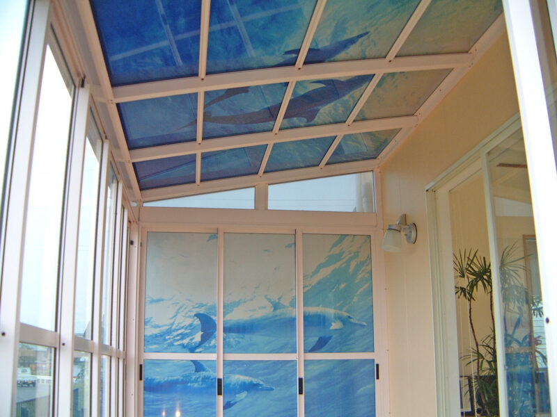 壁と天井にはイルカの泳ぐ海中画像を転写したアルミパネルです