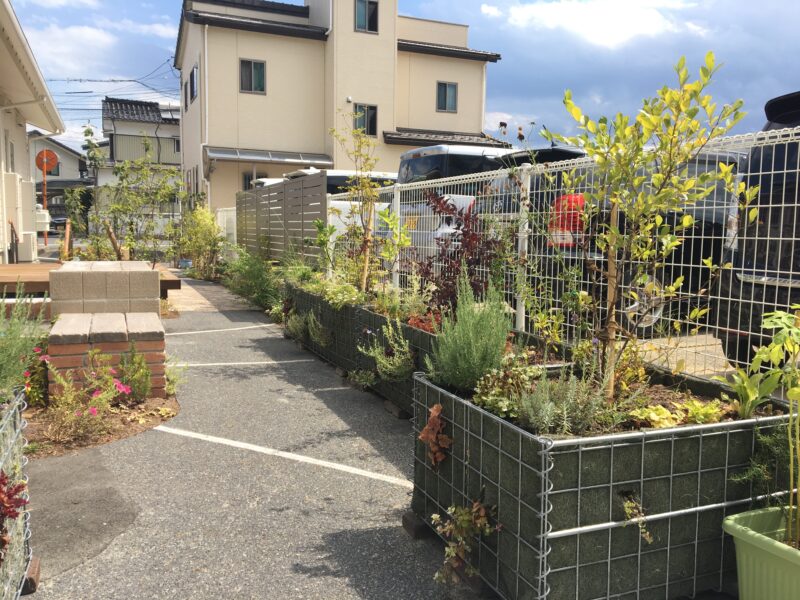 入り口から奥まで、すべて段差なしのフラットに。車椅子に座ったまま植物に感じられるよう、蛇籠のサイドへも植栽を施しました。