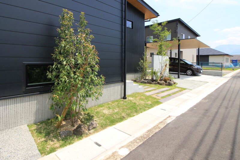 建物の外壁とのコントラストが美しい植栽の緑